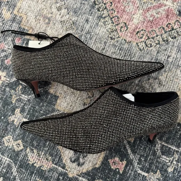 Zara Black Textile Silver Rhinestone Kitten Heel Ankle Bootie Sz 37 ~ NEW