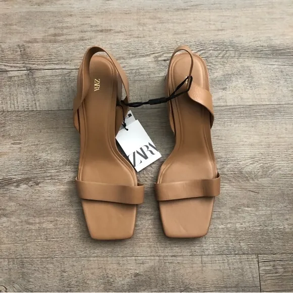 ZARA WIDE HEEL LEATHER SANDALS Brown Size8